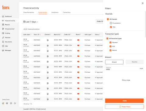 Image of the Funding section on the fiserv merchant portal